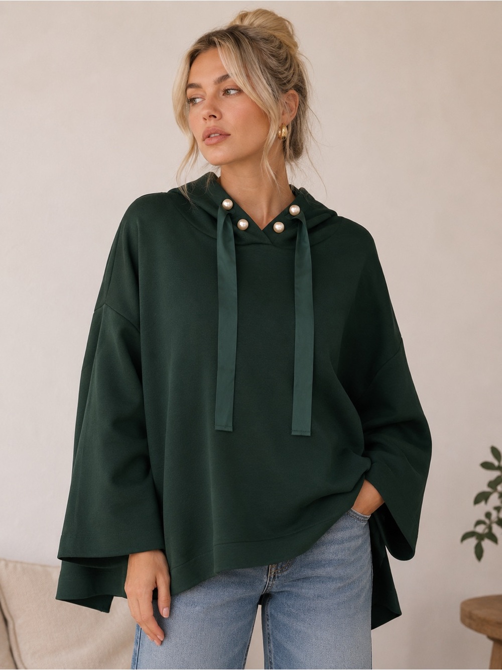 Joh - Francine Scuba Pearl Hoodie Top Hunter Green Women’s Size Large